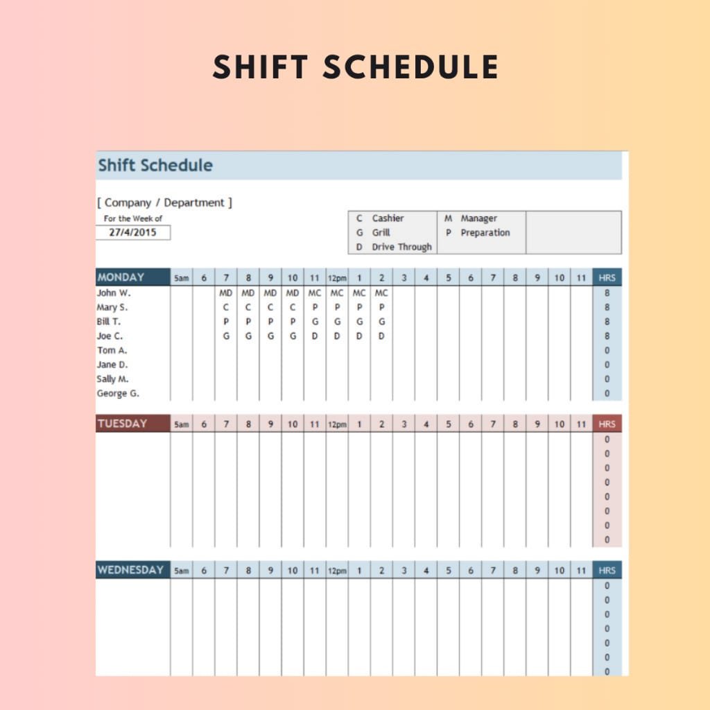 7 Set Shift Schedule Excel Template - Image 4
