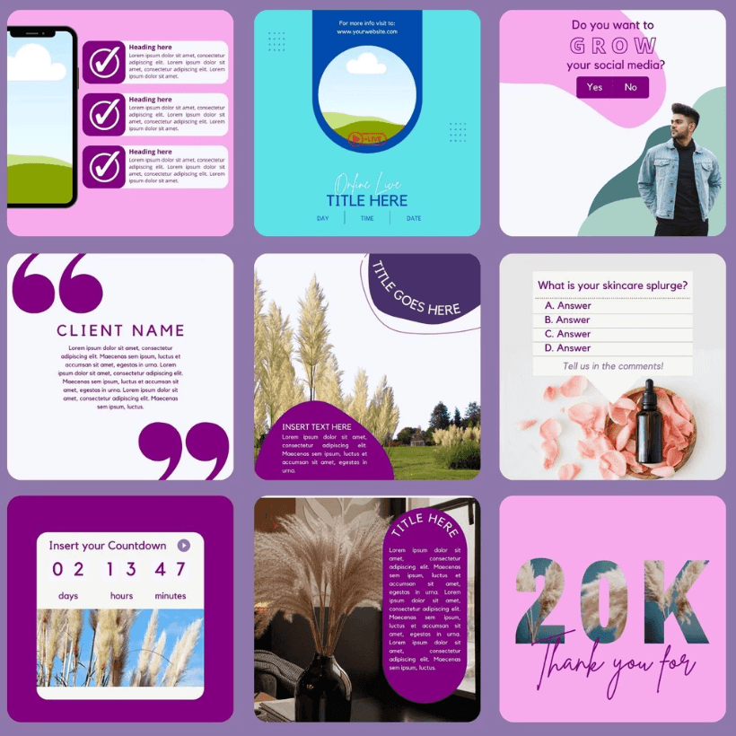 30 Purple Theme Canva Templates Printable A4 for Instagram Facebook Minimalist Design - Image 3